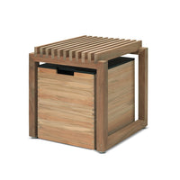 Natural wood tones with a striped slatted top and smooth surface patterns, perfect for modern decor.