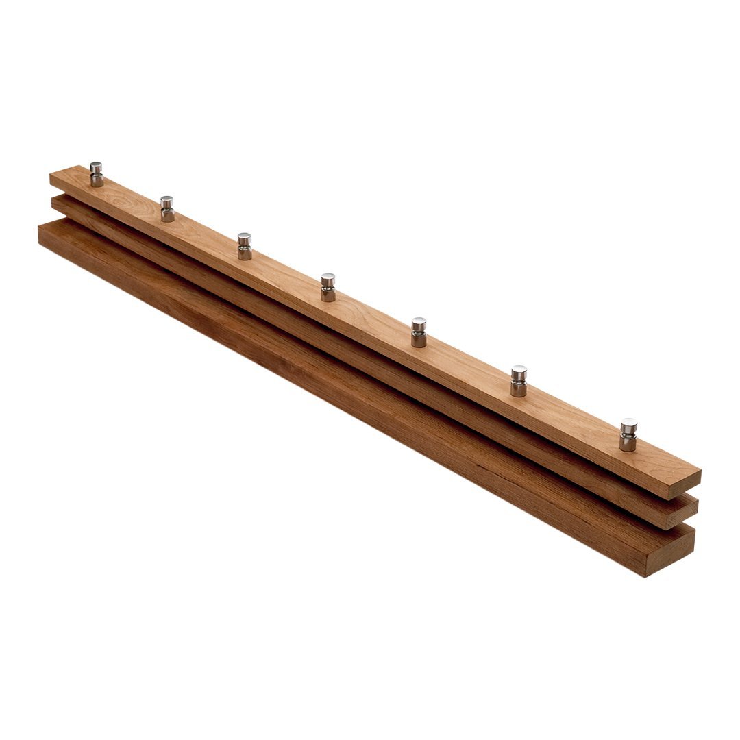 Natural wood finish with a warm brown color and clean, minimalist design featuring silver accents.