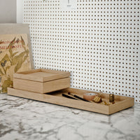 Natural wood tray set with light beige tones and smooth surfaces, featuring geometric shapes and minimalistic design.