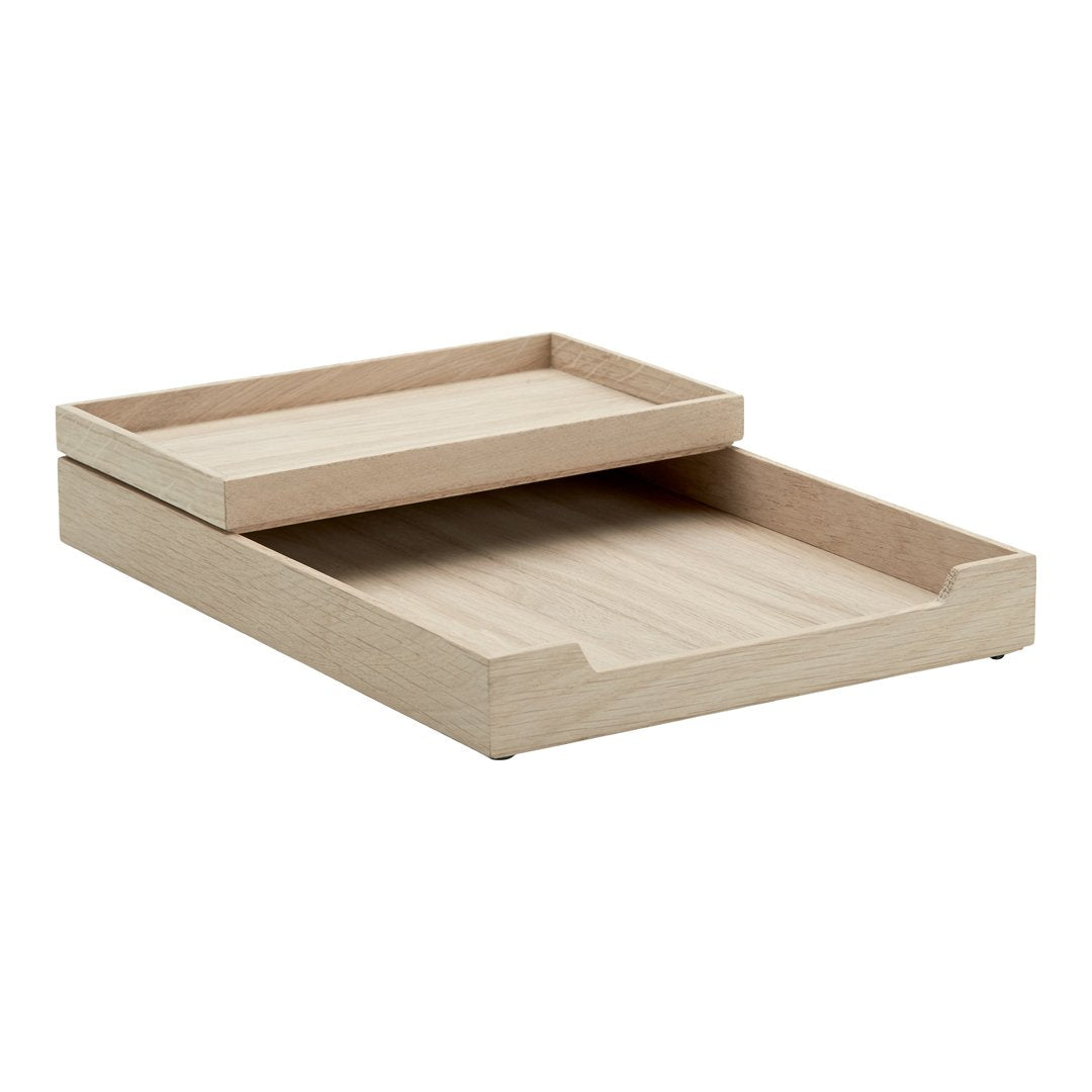 Light wood tray set with a smooth grain, featuring two stacked trays in natural beige tones. Perfect for stylish organization.