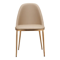 Beige upholstered chair with smooth, curved design and sleek gold legs. Perfect for modern decor.