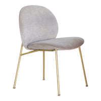 Light gray velvet chair with smooth curves and gold metal legs, adding a modern touch to any space.