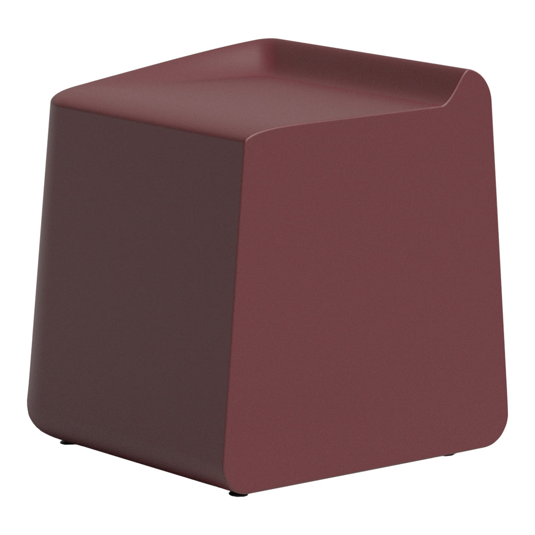 Burgundy minimalist stool with a sleek, modern design; smooth texture and simple geometric shape.