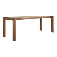 Natural wood dining table with a warm, brown finish and simple, clean lines. Ideal for modern or rustic decor.