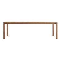 Natural wood dining table with a warm brown finish and sleek, minimalist design. No visible patterns.
