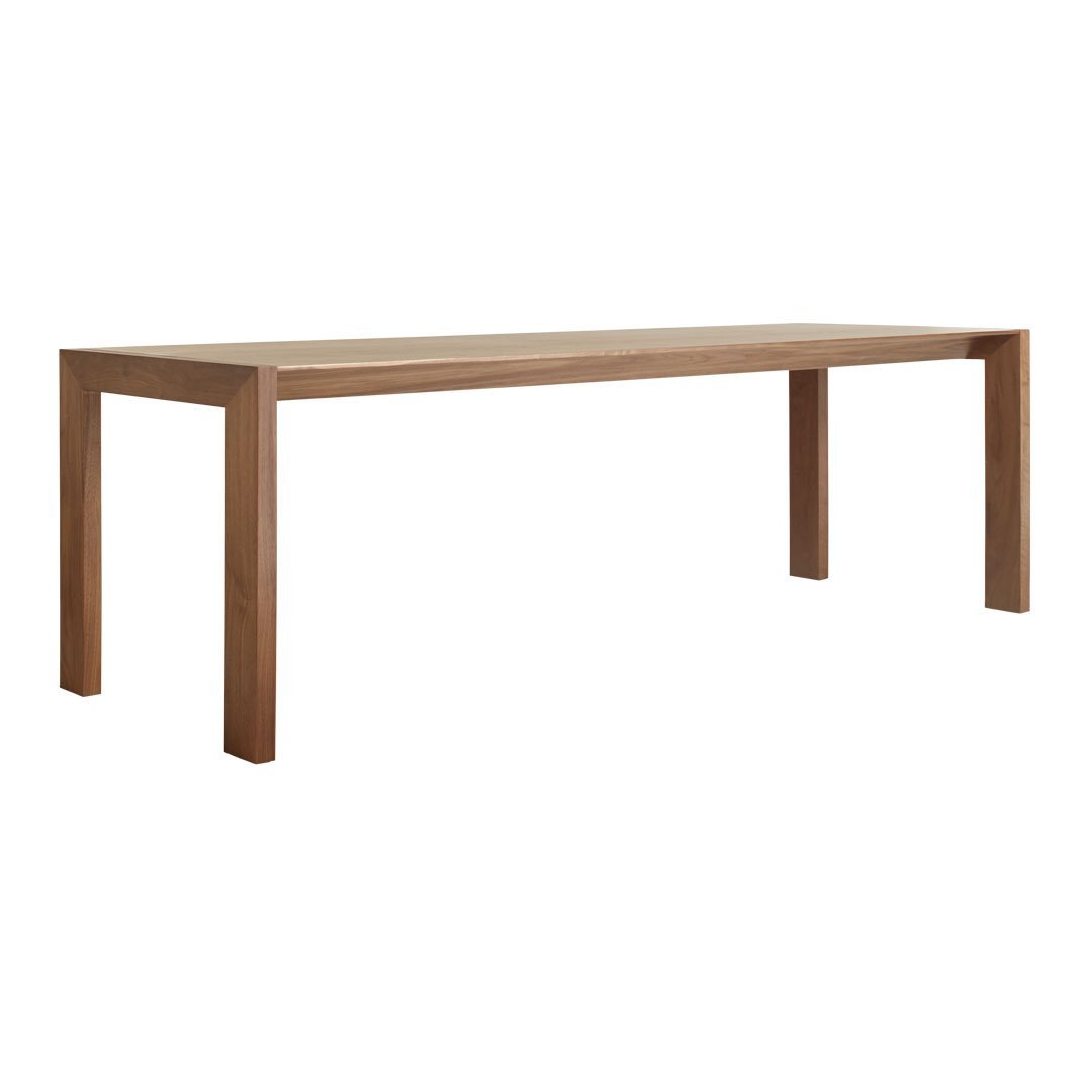 Solid wood dining table in rich brown finish with a smooth, minimalist design. Perfect for modern decor.