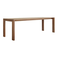 Solid wood dining table in rich brown finish with a smooth, minimalist design. Perfect for modern decor.