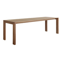 Natural wood dining table in a warm brown finish with a smooth, minimalist surface and clean lines.
