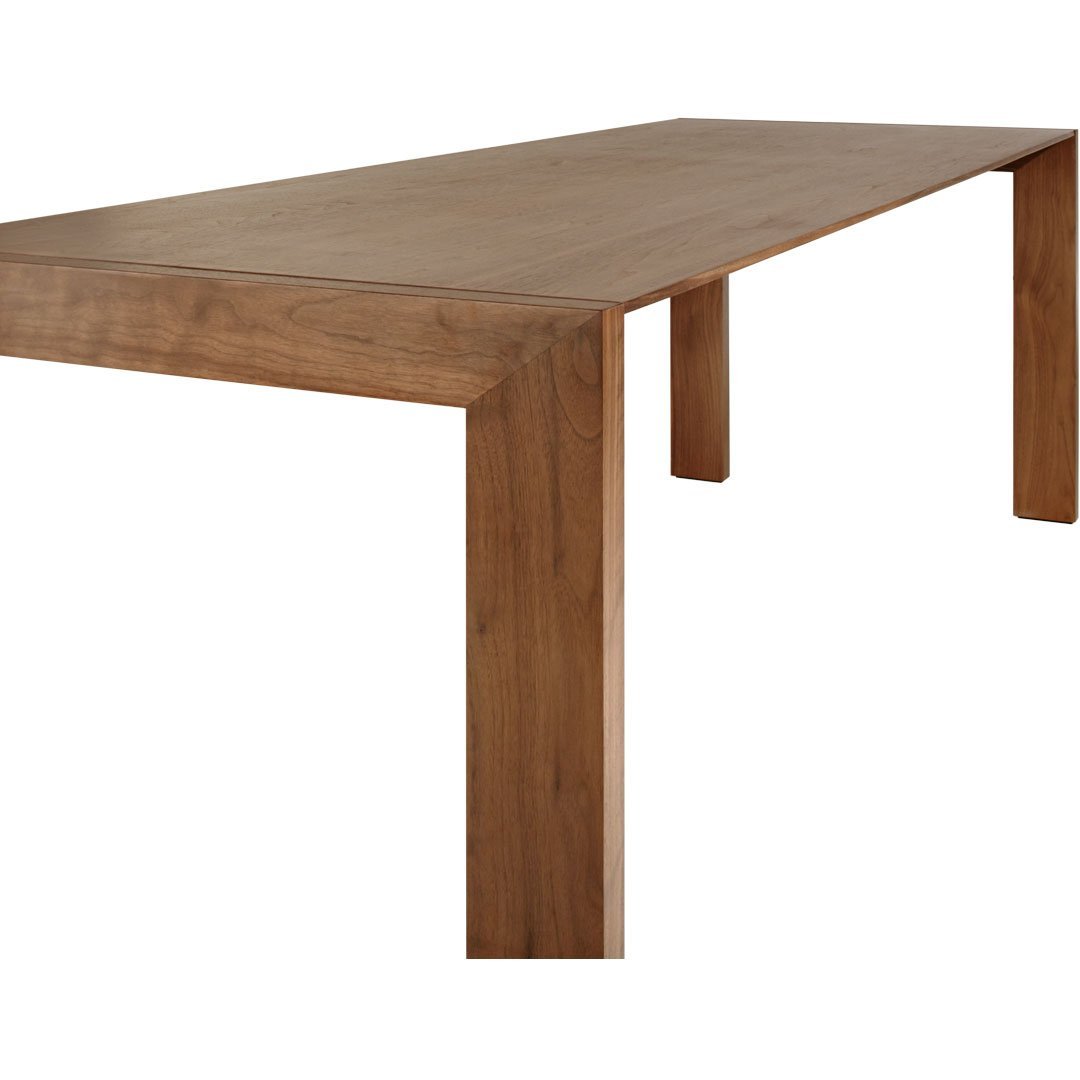 Natural wood dining table in warm brown tones with a smooth, sleek finish and minimalist design.
