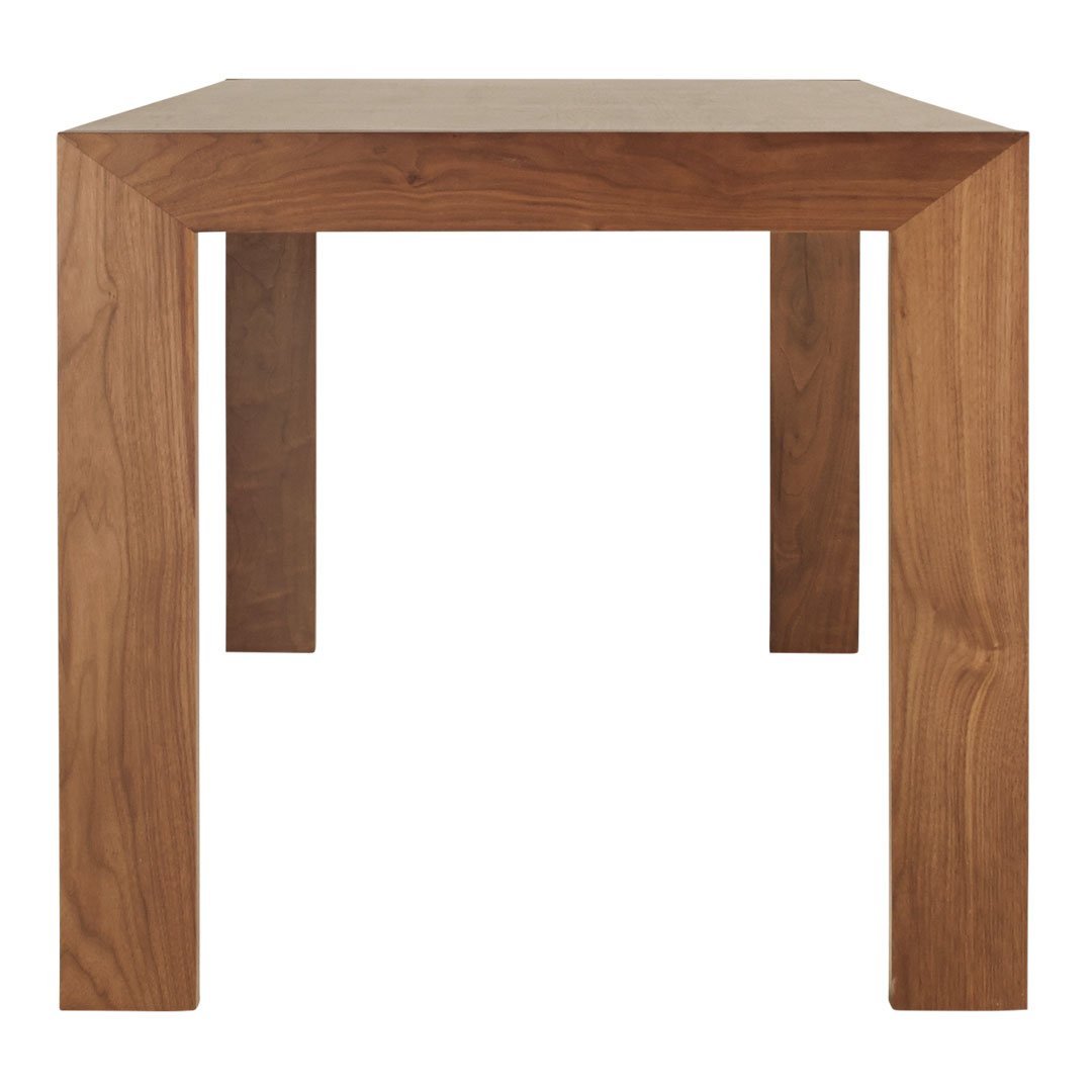 Solid wood dining table featuring a rich brown finish and clean, modern lines.