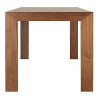 Solid wood dining table featuring a rich brown finish and clean, modern lines.