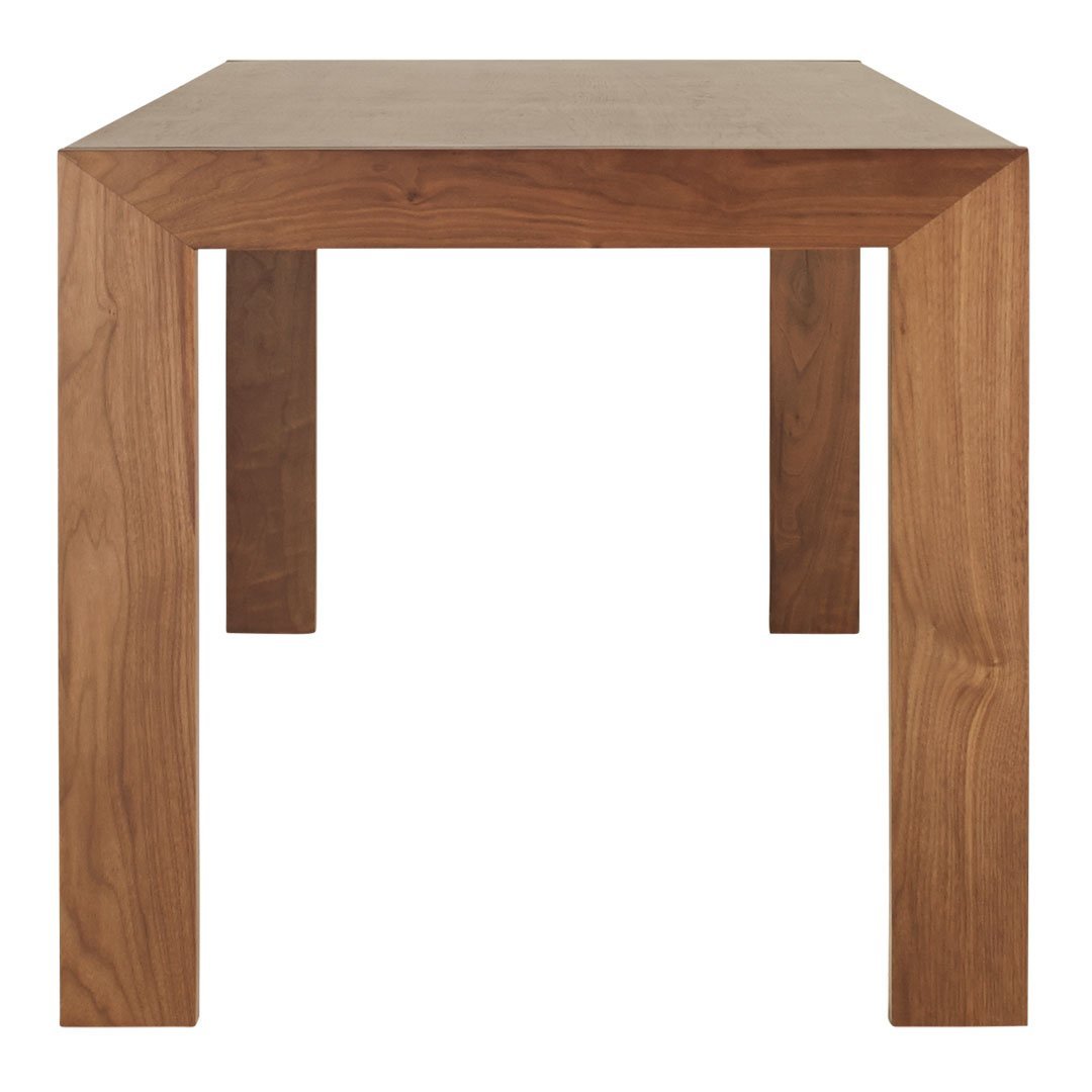 Natural brown wooden dining table with a smooth finish and clean lines, perfect for modern decor.