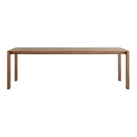 Natural wood dining table in warm oak finish, featuring a sleek, minimalist design with smooth grain patterns.
