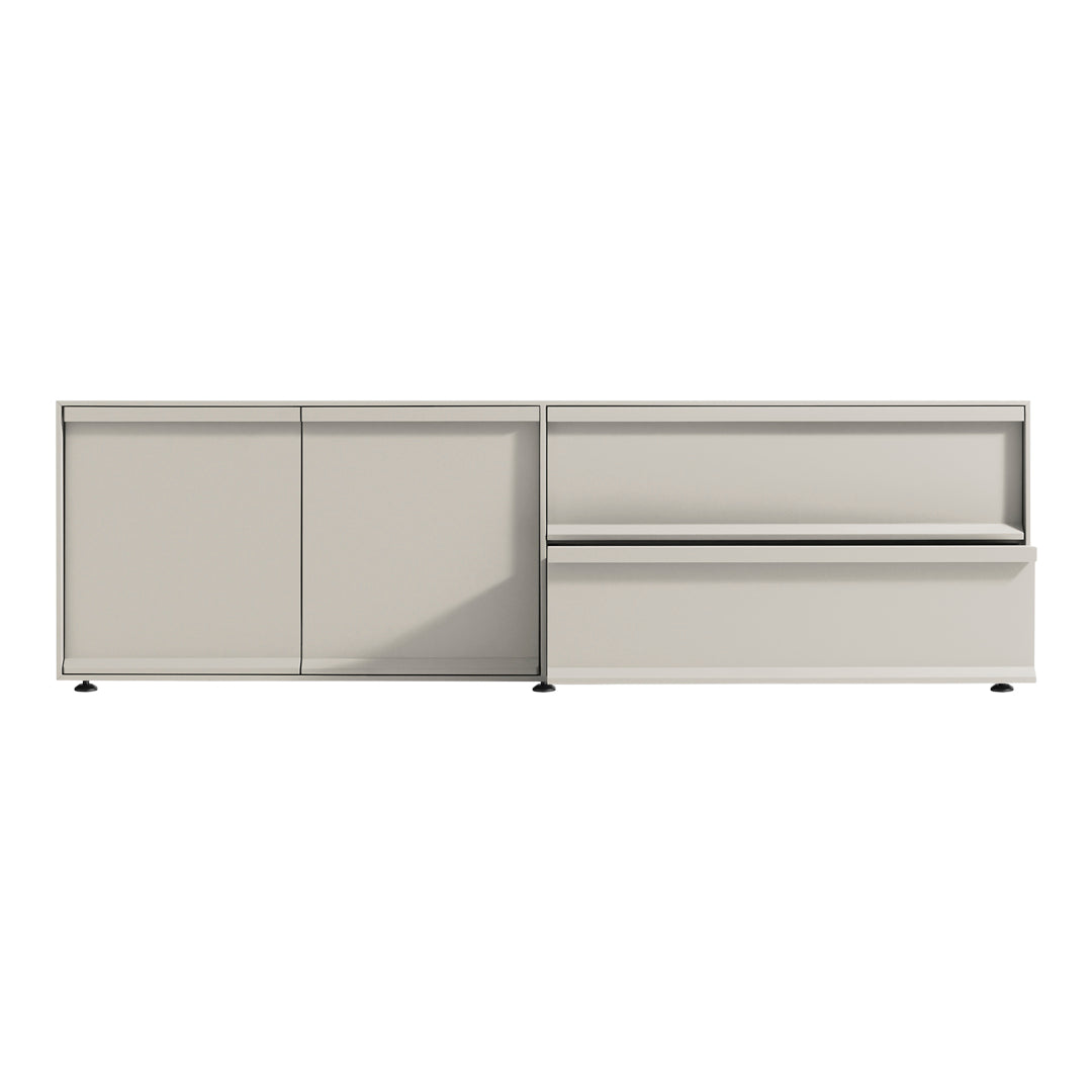 Light gray modern cabinet with sleek, minimalist design and smooth surface, featuring flat-panel doors and clean lines.