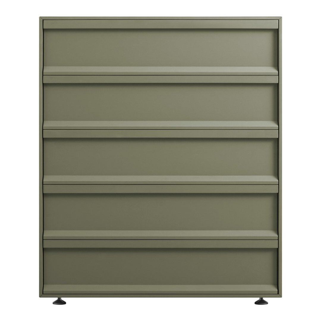 Olive green shelving unit with a sleek, minimalist design and five horizontal shelves for stylish organization.