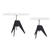 White round tabletops with black tripod bases, featuring a sleek, modern design. Perfect for contemporary decor.