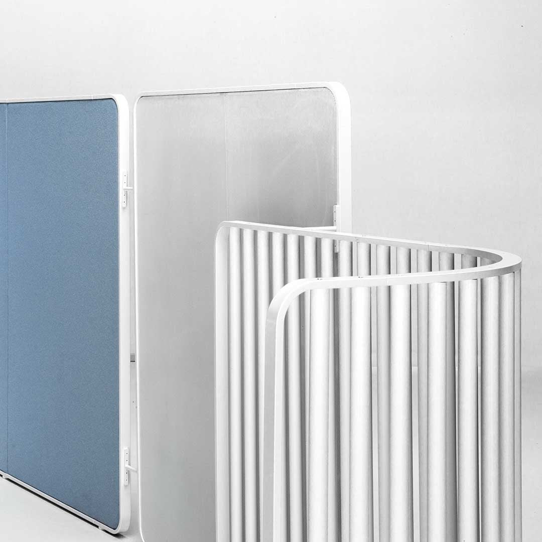 Modern partition with a sleek white frame, a blue panel, and vertical ribbed texture. Stylish and versatile design.