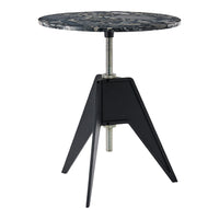 Black and gray marbled tabletop with a sleek black geometric base. Modern design for stylish decor.