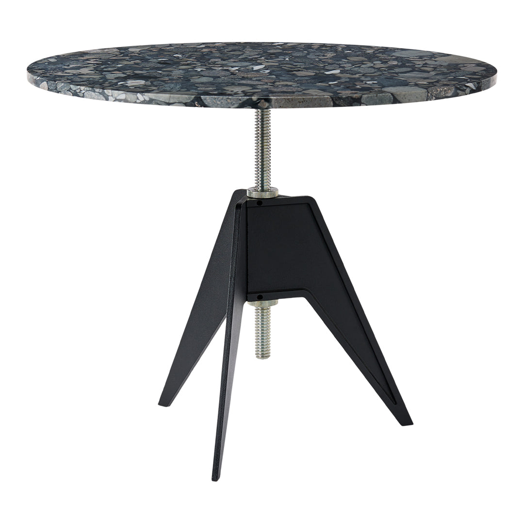 Round table with a speckled blue and gray top and a sleek black tripod base. Ideal for modern decor.