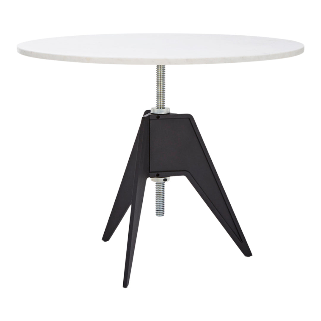 Modern round table with a sleek white top and black tripod base, perfect for minimalist decor.