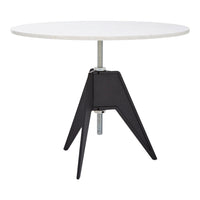 Modern round table with a sleek white top and black tripod base, perfect for minimalist decor.