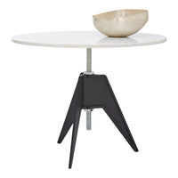 Modern white round table with a black tripod base, featuring a sleek, minimalistic design. Gold decorative bowl on top.
