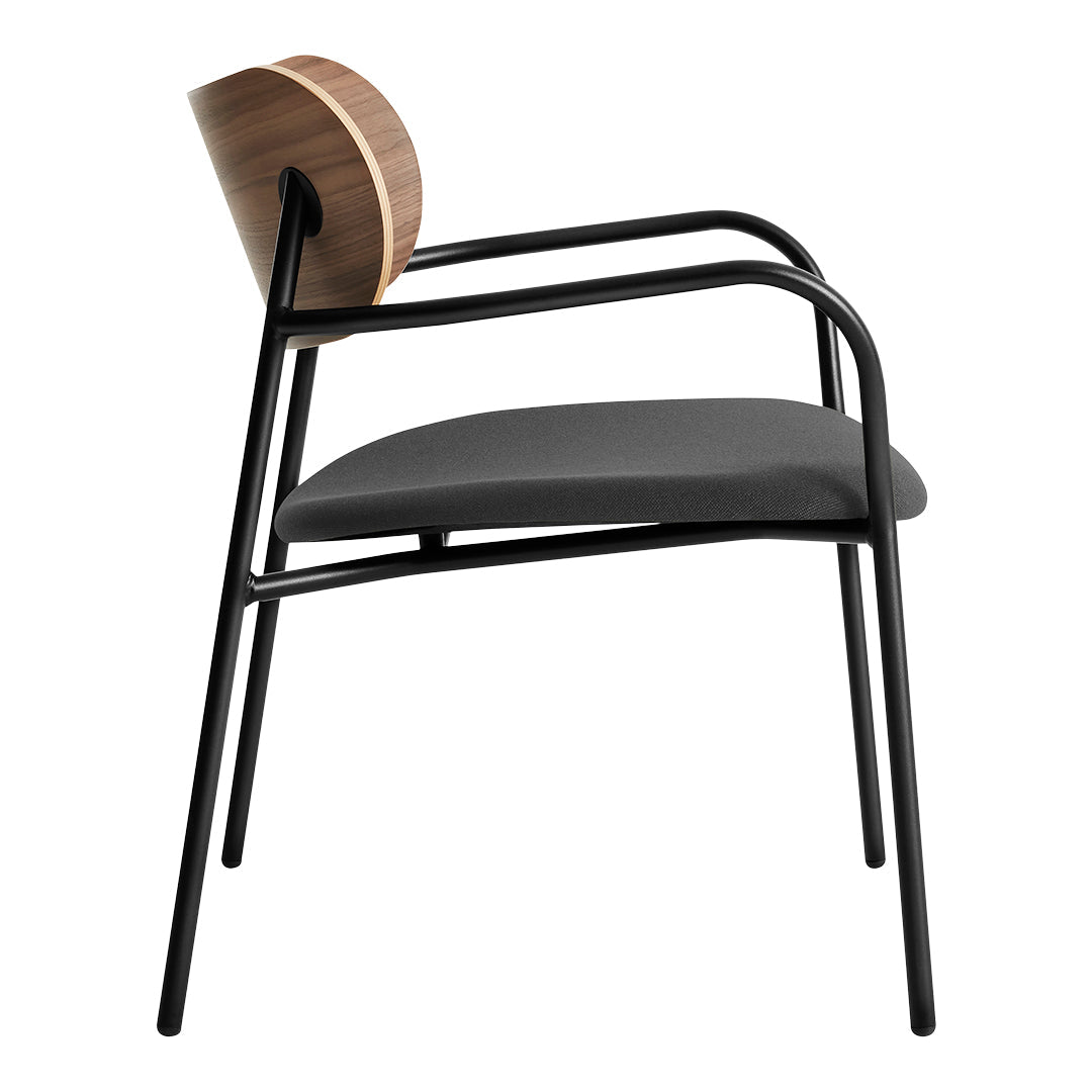 Black metal chair with a walnut backrest and gray fabric seat, featuring a sleek, modern design.