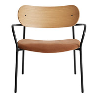 Brown suede seat with light wood backrest and sleek black metal frame, featuring a minimalist design.