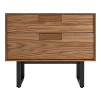 Modern wooden nightstand with a rich brown finish and sleek black legs, featuring a smooth minimalist design.