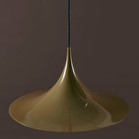 Glossy olive green pendant lamp with a minimalist conical shape, hanging from a dark blue cord against a brown background.