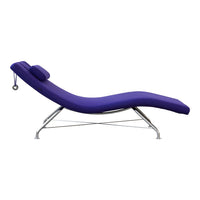 Purple chaise lounge with a sleek design and chrome legs. Ideal for modern decor and relaxation.