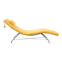Vibrant yellow chaise lounge with a sleek chrome frame and smooth, modern curves. Perfect for stylish relaxation.