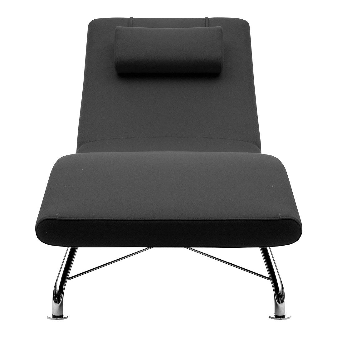 Black upholstered lounge chair with sleek chrome legs and minimalist design, featuring a simple, solid pattern.