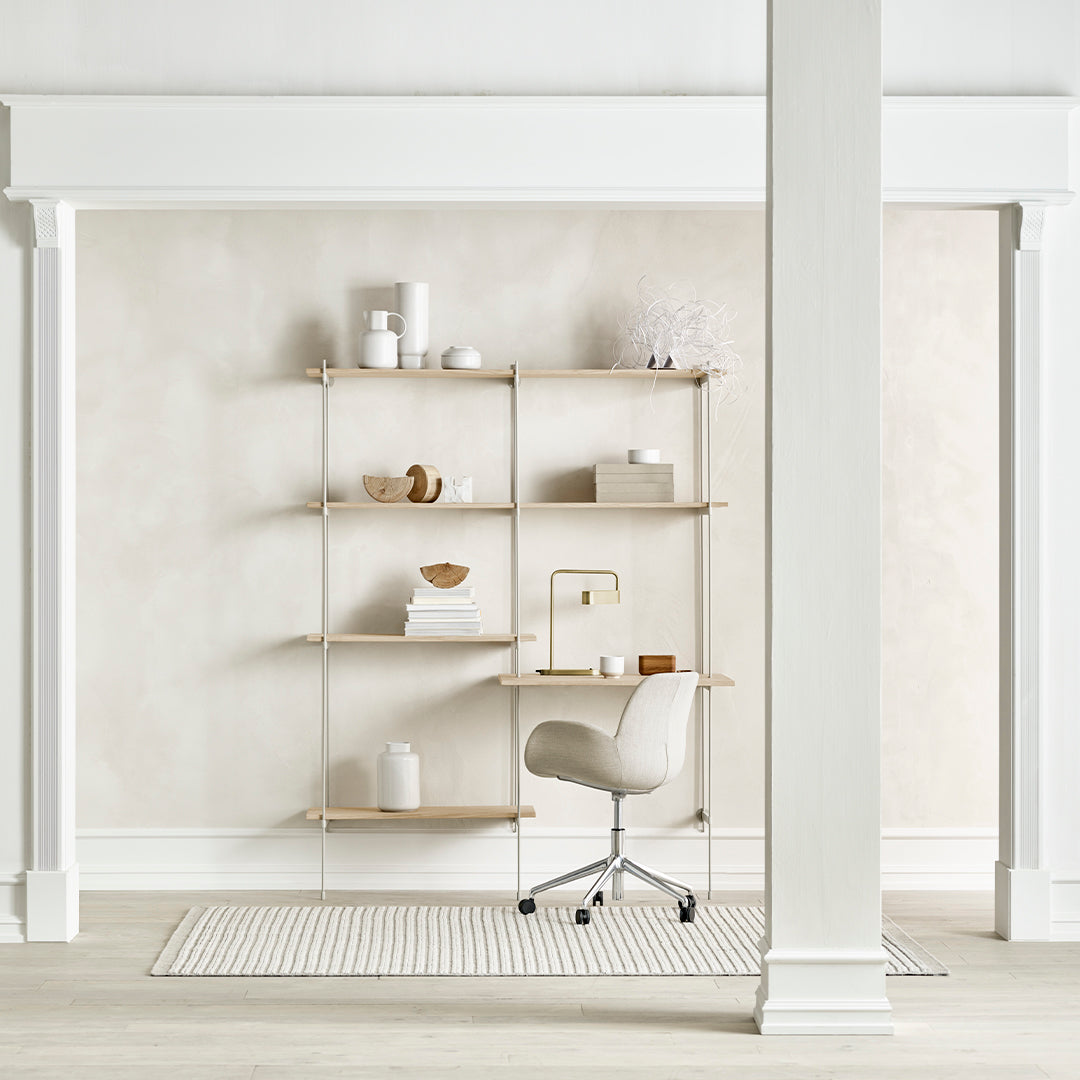 Modern shelving unit with light wood, cream background, and subtle textures for a minimalist aesthetic.
