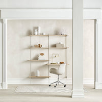 Modern shelving unit with light wood, cream background, and subtle textures for a minimalist aesthetic.