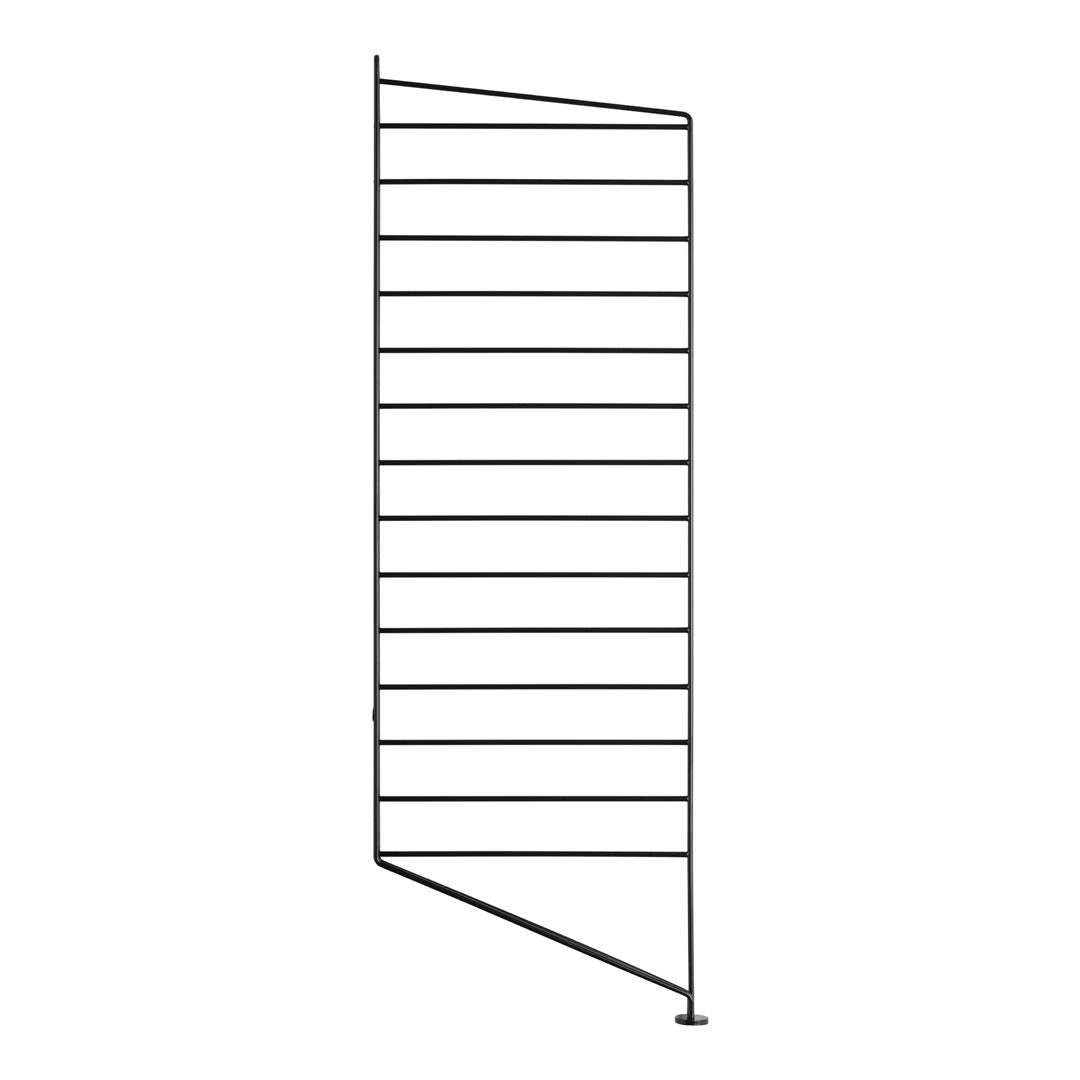 Black vertical display rack with clean lines and horizontal bars, showcasing a minimalist design.