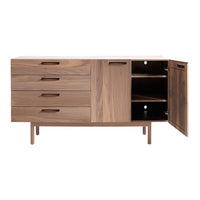 Modern walnut sideboard featuring a smooth wood finish and minimalist design with four drawers and an open shelf.