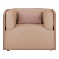 Beige armchair with subtle textured pattern and a soft pink accent pillow. Modern, minimalist design.