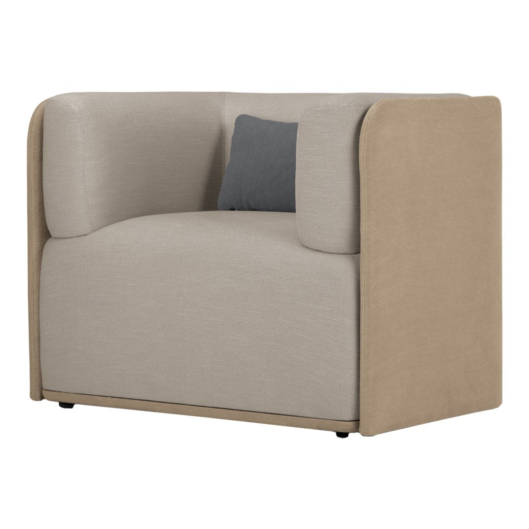 Beige and taupe upholstered loveseat with a dark gray accent pillow, featuring a smooth, minimalist design.