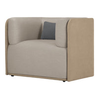 Beige and taupe upholstered loveseat with a dark gray accent pillow, featuring a smooth, minimalist design.