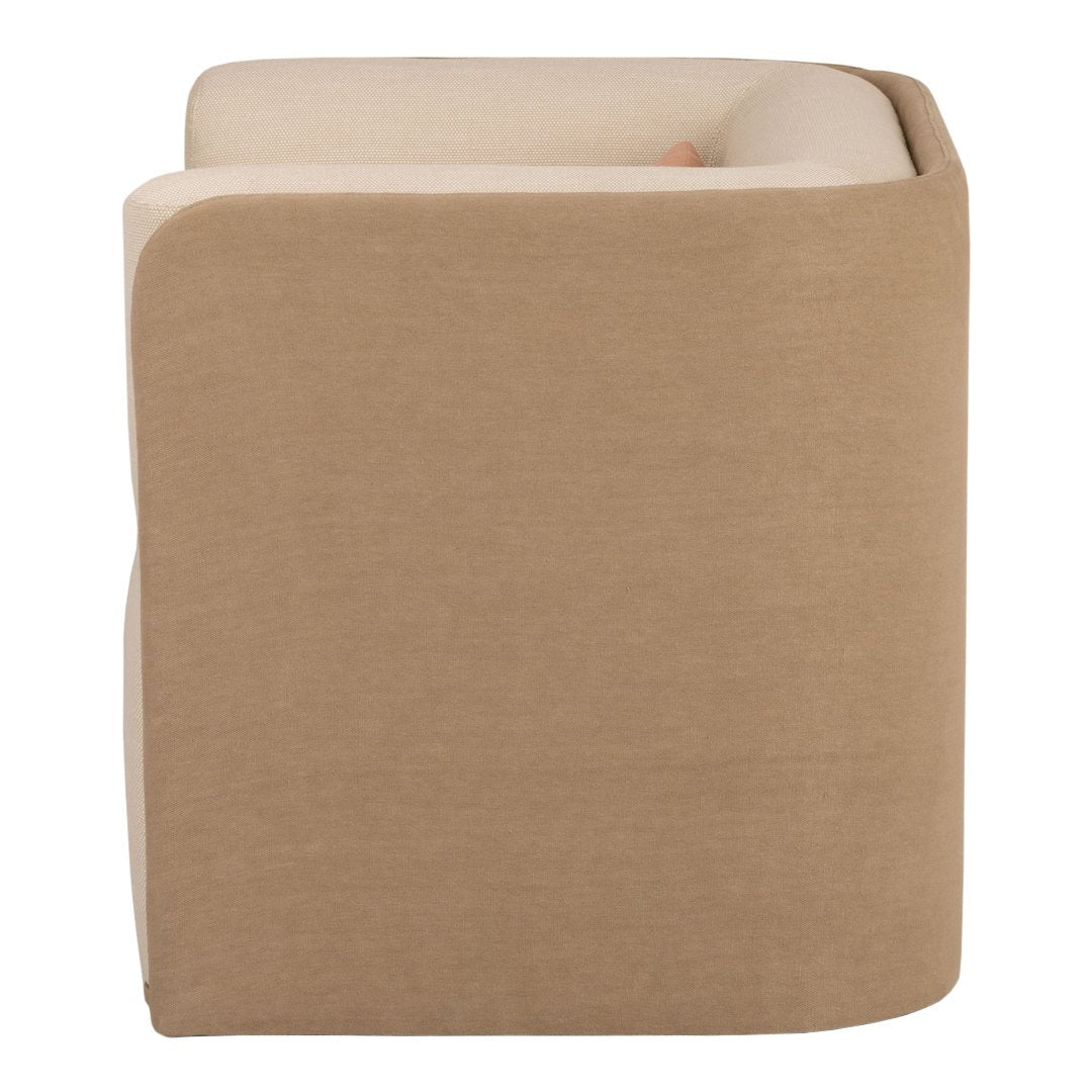 Beige upholstered chair with soft, smooth fabric and minimalist design. Perfect for modern decor.