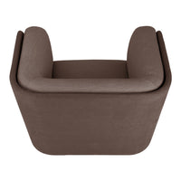 Brown armchair with a smooth, minimalist design, featuring soft curves and a contemporary, upholstered finish.
