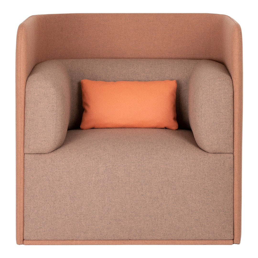 Stylish armchair in soft brown fabric with a vibrant orange accent pillow for a pop of color.