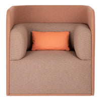 Stylish armchair in soft brown fabric with a vibrant orange accent pillow for a pop of color.
