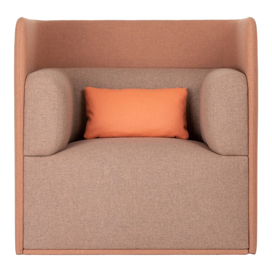 Peach and beige armchair with a matching orange accent pillow, featuring a textured fabric design.