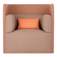 Peach and beige armchair with a matching orange accent pillow, featuring a textured fabric design.
