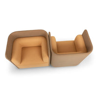 Two modern chairs in warm tan color with smooth, minimalist curves and plush cushions. Ideal for contemporary living spaces.