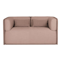 Blush pink sofa with a minimalist design and smooth fabric, featuring two matching cushions for added comfort.
