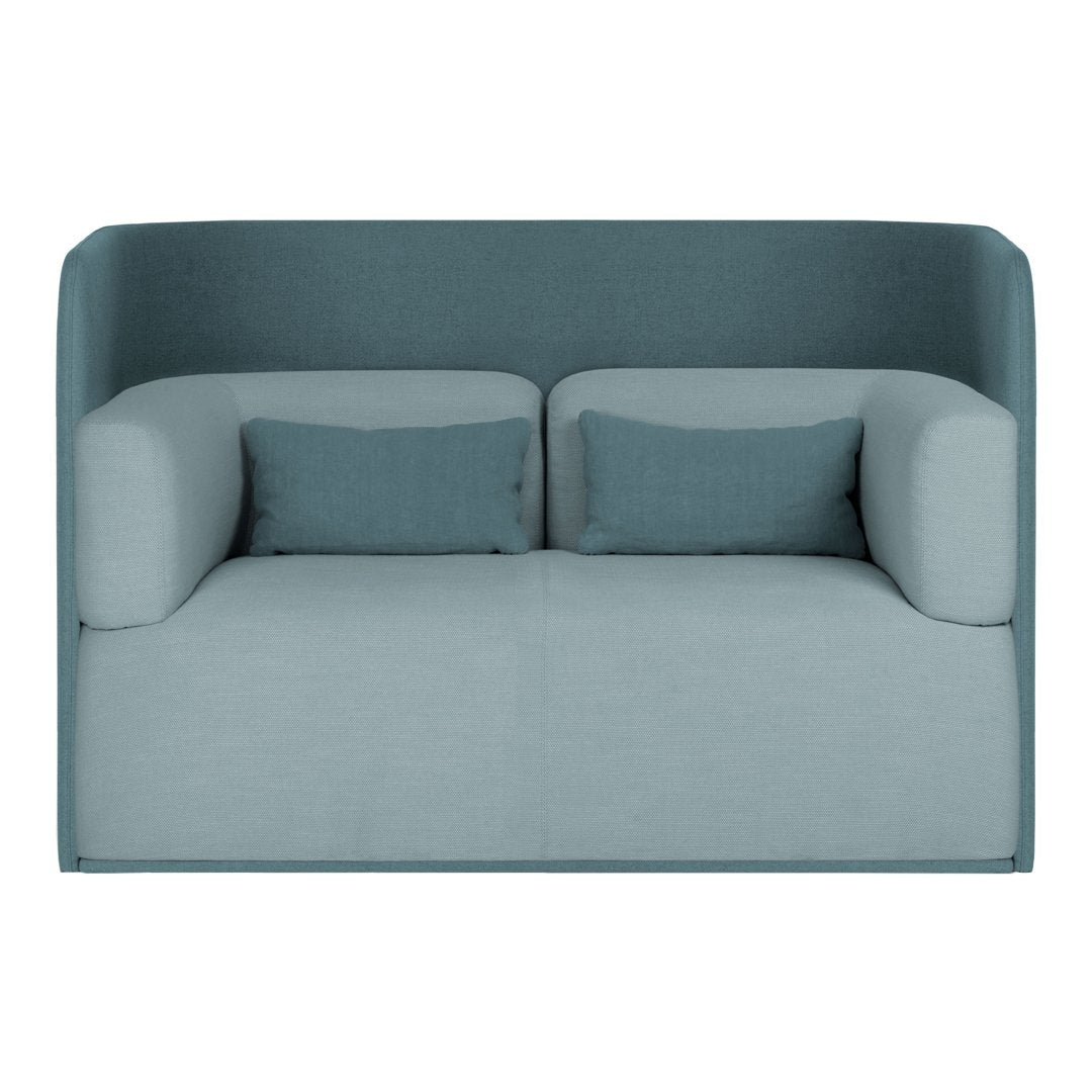 Teal and light blue two-seater sofa with smooth, modern upholstery and matching accent pillows. Perfect for contemporary decor.