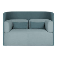 Teal and light blue two-seater sofa with smooth, modern upholstery and matching accent pillows. Perfect for contemporary decor.